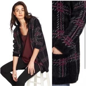 1. State black red plaid fuzzy open cardigan long sweater L